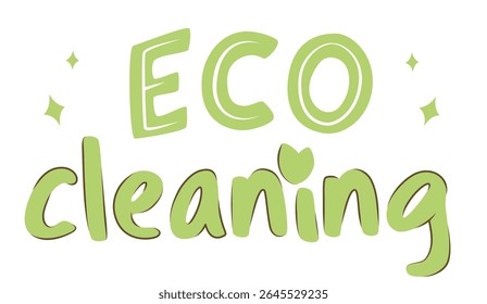 Round eco cleaning hand-drawn lettering in light green tones with heart symbol for natural product labels and eco gifts

