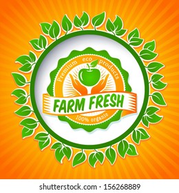 round eco green and orange stamp seal of healthy healthful natural farm fresh food harvester timber elements fruit earth product produce ranch natural nourishment ecological orange market ecosystem le