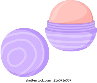 Round egg lip balm. Pink make up product. Stock vector illustration isolated on white background.