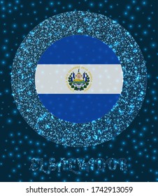 Round El Salvador badge. Flag of El Salvador in glowing network mesh style. Country network logo. Radiant vector illustration.