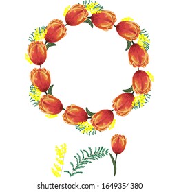 Round elegant frame tulips and mimosa. Vector. Spring holiday wreath of tulips and mimosa