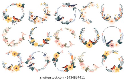 Round elegant romantic flower frames with beautiful birds isolated set vector illustration. Natural floral artistic composition with graceful birdie. Folk pattern for invitation or greeting cards