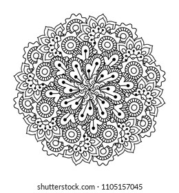 Round element for coloring book. Black and white floral pattern. Mandala.