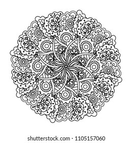 Round element for coloring book. Black and white floral pattern. Mandala.