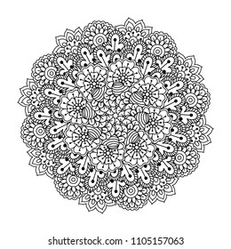 Round element for coloring book. Black and white floral pattern. Mandala.