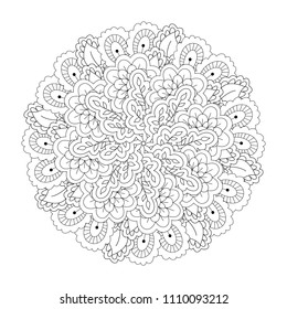 Round element for coloring book. Black and white floral pattern. Vector illustration.