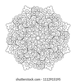 Round element for coloring book. Black and white floral pattern. Mandala.