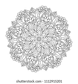 Round element for coloring book. Black and white floral pattern. Mandala.