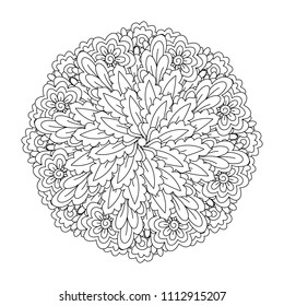 Round element for coloring book. Black and white floral pattern. Mandala.