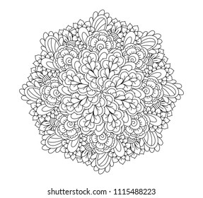 Round element for coloring book. Black and white floral pattern. Mandala.