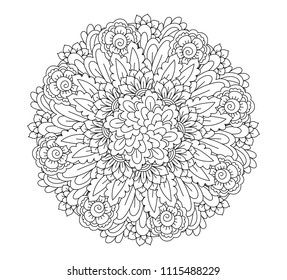 Round element for coloring book. Black and white floral pattern. Mandala.