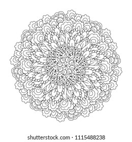 Round element for coloring book. Black and white floral pattern. Mandala.