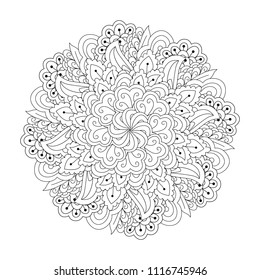 Round element for coloring book. Black and white floral pattern. Vector illustr