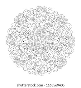 Round element for coloring book. Black and white floral pattern. Vector illustration.