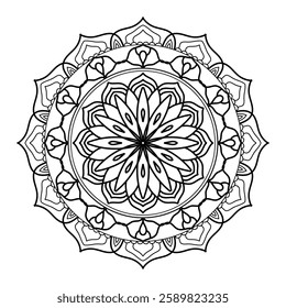 Round element for coloring book. Black and white floral pattern.