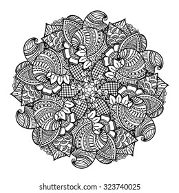 Round element for coloring book. Black and white ethnic henna pattern. Floral mandala.