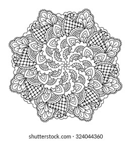 Round element for coloring book. Black and white ethnic henna pattern. Floral mandala.