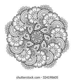 Round element for coloring book. Black and white ethnic henna pattern. Floral mandala.