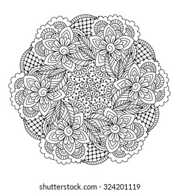 Round element for coloring book. Black and white ethnic henna pattern. Floral mandala.