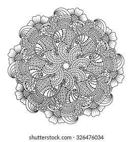 Round element for coloring book. Black and white ethnic henna pattern. Floral mandala.