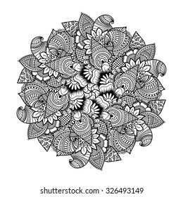 Round element for coloring book. Black and white ethnic henna pattern. Floral mandala.