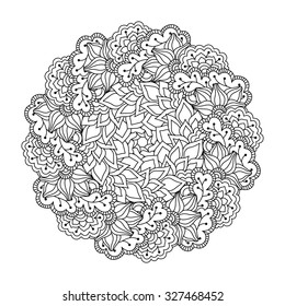 Round element for coloring book. Black and white floral pattern. Vector illustration.