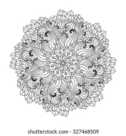 Round element for coloring book. Black and white floral pattern. Vector illustration.