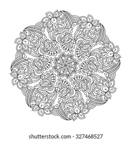 Round element for coloring book. Black and white floral pattern. Vector illustration.