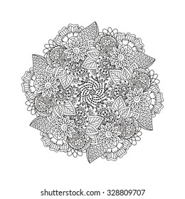 Round element for coloring book. Black and white ethnic henna pattern. Floral mandala.