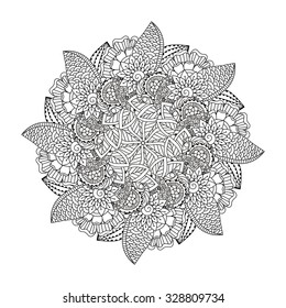 Round element for coloring book. Black and white ethnic henna pattern. Floral mandala.