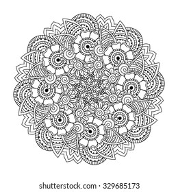 Round element for coloring book. Black and white ethnic henna pattern. Floral mandala.