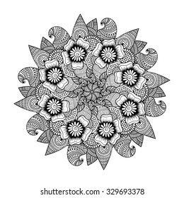 Round element for coloring book. Black and white ethnic henna pattern. Floral mandala.