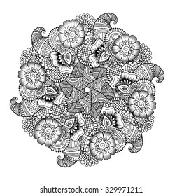 Round element for coloring book. Black and white ethnic henna pattern. Floral mandala.