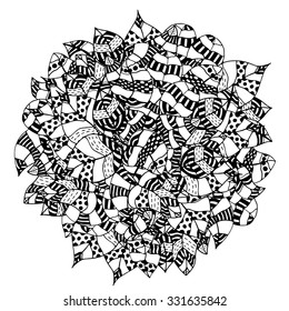 Round element for coloring book. Black and white floral pattern. Vector illustration.