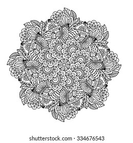 Round element for coloring book. Black and white ethnic henna pattern. Floral mandala.Black and white pattern. Ethnic henna hand drawn background for coloring book, textile or wrapping.