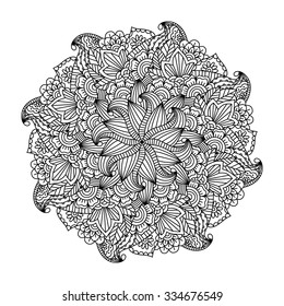 Round element for coloring book. Black and white ethnic henna pattern. Floral mandala.Black and white pattern. Ethnic henna hand drawn background for coloring book, textile or wrapping.