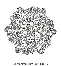 Round element for coloring book. Black and white ethnic henna pattern. Floral mandala.Black and white pattern. Ethnic henna hand drawn background for coloring book, textile or wrapping.