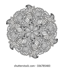 Round element for coloring book. Black and white ethnic henna pattern. Floral mandala.