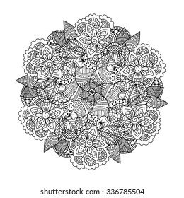 Rundelement zum Färben des Buches. Schwarz-Weiß-ethnisches Henna-Muster.Blumenmandala.
