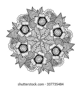 Round element for coloring book. Black and white floral pattern. Vector illustration.