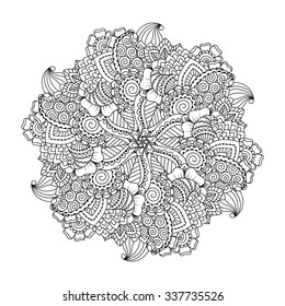 Round element for coloring book. Black and white floral pattern. Vector illustration.