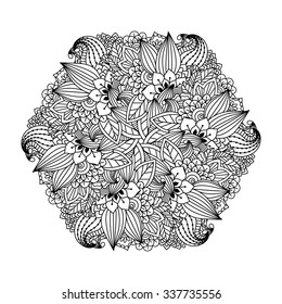Round element for coloring book. Black and white floral pattern. Vector illustration.