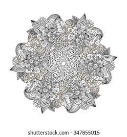 Round element for coloring book. Black and white floral pattern. Vector illustration.