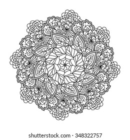 Round element for coloring book. Black and white floral pattern. Vector illustration.