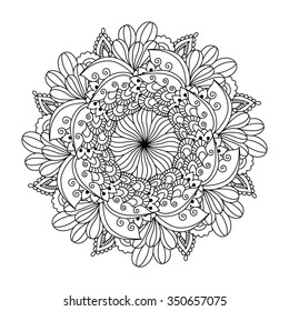 Round element for coloring book. Black and white ethnic henna pattern. Floral mandala.