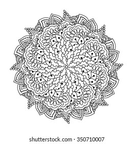 Round element for coloring book. Black and white ethnic henna pattern. Floral mandala.