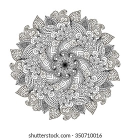 Round element for coloring book. Black and white ethnic henna pattern. Floral mandala.