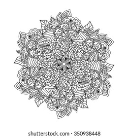 Round element for coloring book. Black and white ethnic henna pattern. Floral mandala.