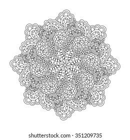 Round element for coloring book. Black and white ethnic henna pattern. Floral mandala.
