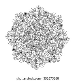 Round element for coloring book. Black and white floral pattern. Vector illustration.